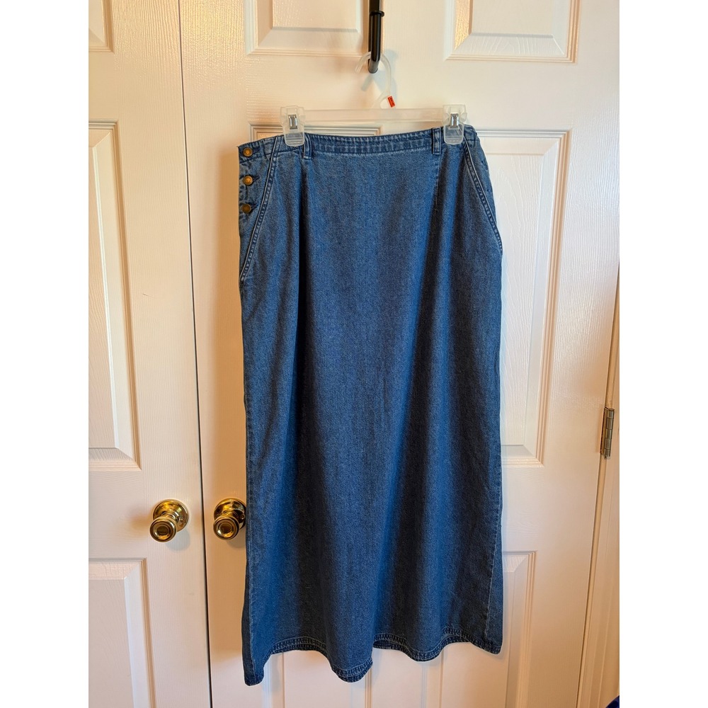 Villager Sport Liz Claiborne Denim Maxi Skirt Blue Cotton Side Button Size 14